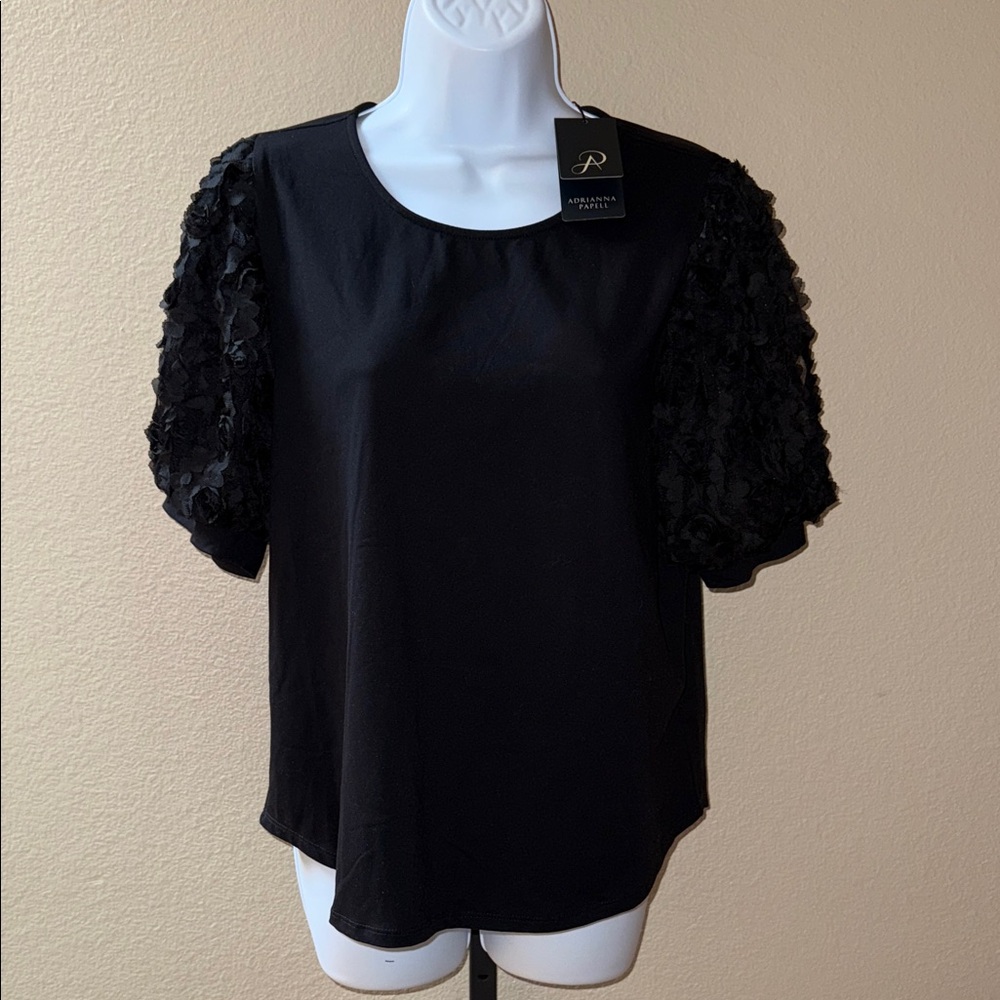 Adrianna Papell Crew Neck Ponte Knit Top Textured Rosette Sleeves Black Size M